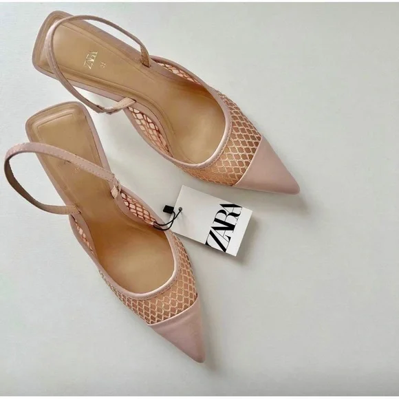 Zara NWT Mesh net detail pointed toe sling back heels size 40 - Picture 2 of 12